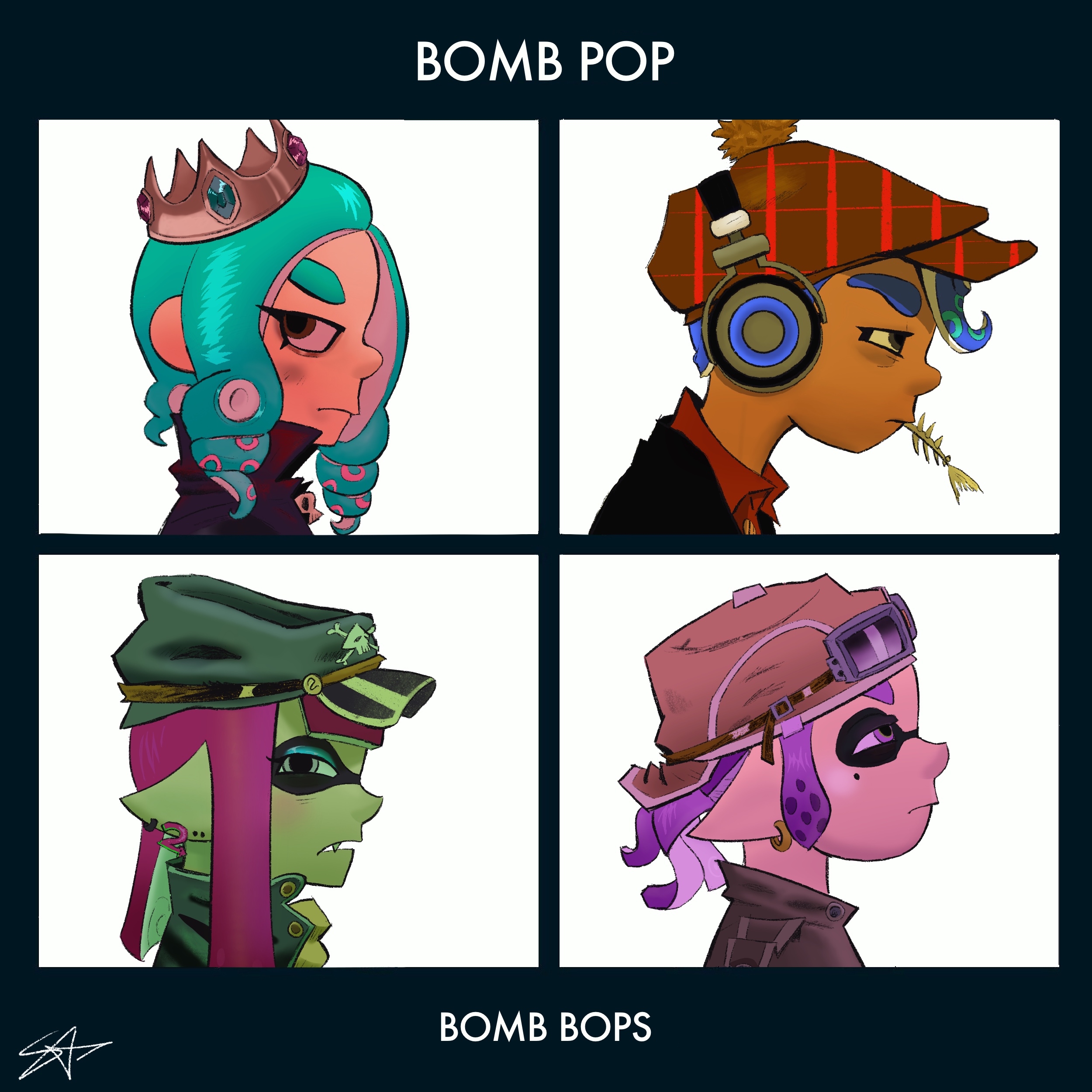 My team/friend's Splatoon avatars in the Demon Days cover.